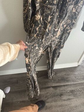 Fashion Nova Paint-Splatter Cargo Jumpsuit in Black and Beige